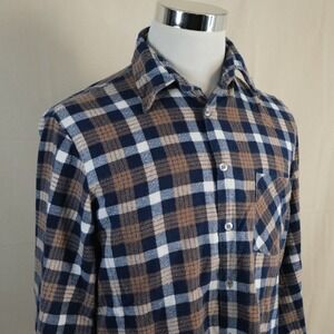 Sears Large Tall Vintage Flannel Shirt Blue Brown Plaid Cotton Button Front Mens